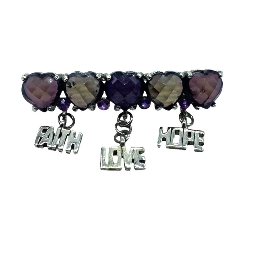 Heart-Shaped Charm Faith Love Hope Brooch Pin Dangling Charms 2" Purple Stones